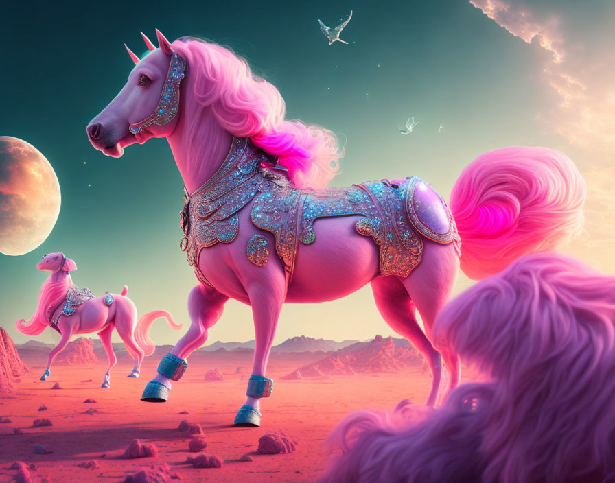 Majestic unicorns in surreal desert with pink sky