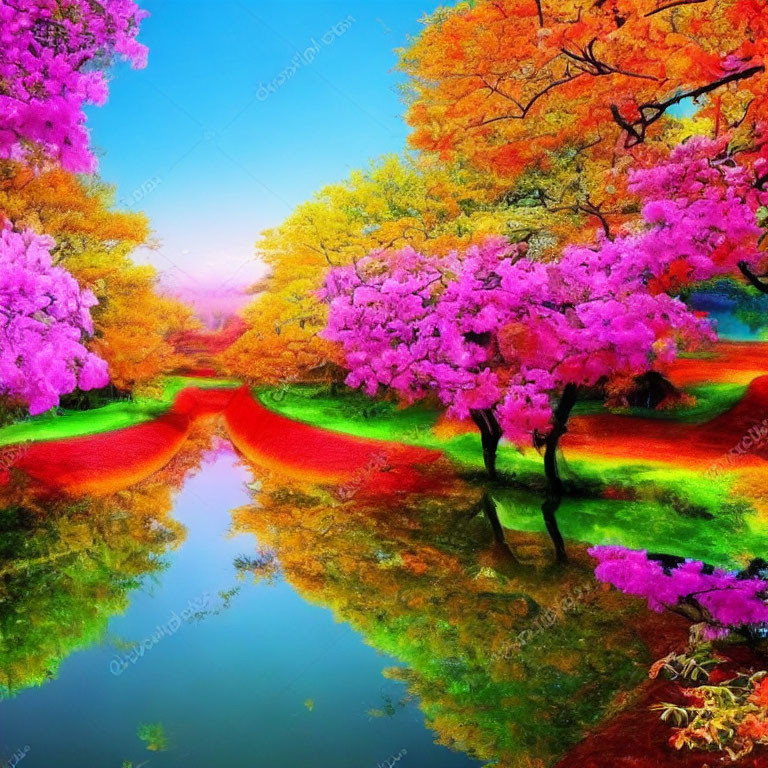 Colorful landscape with reflective lake and vibrant trees under bright sky