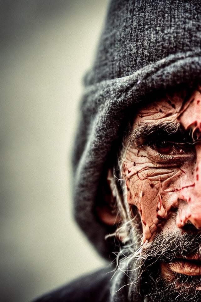 Weathered man with grizzled beard and intense eyes in knit hat - close-up portrait.