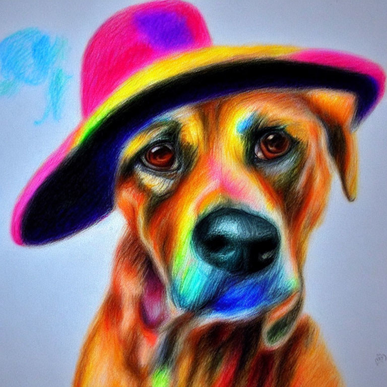 Vibrant drawing of a dog in rainbow hat with colorful fur blend