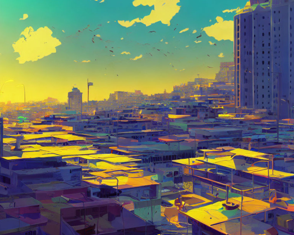 Vibrant cityscape with high-rise and low-rise buildings in warm sunlight