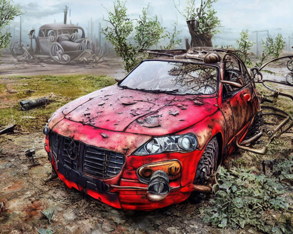 Abandoned red car with rust and peeling paint in foggy landscape