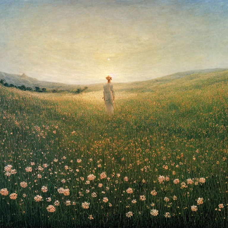 Tranquil painting of figure in wildflower field at sunset