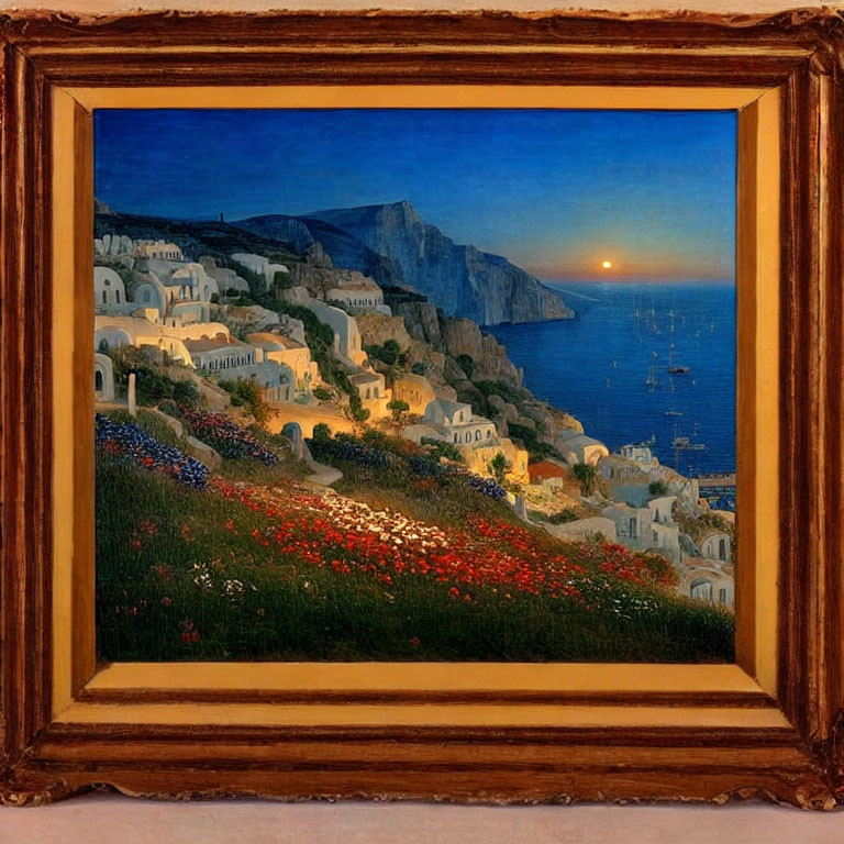 Coastal Village Sunset Painting with White Buildings, Calm Sea, Boats, and Flower-C