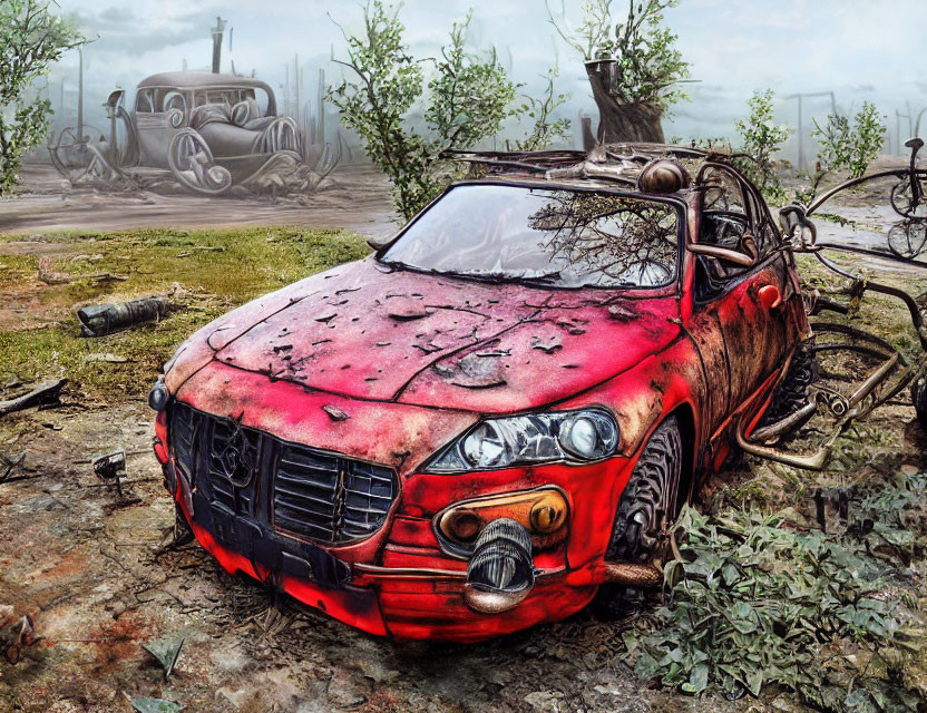 Abandoned red car with rust and peeling paint in foggy landscape