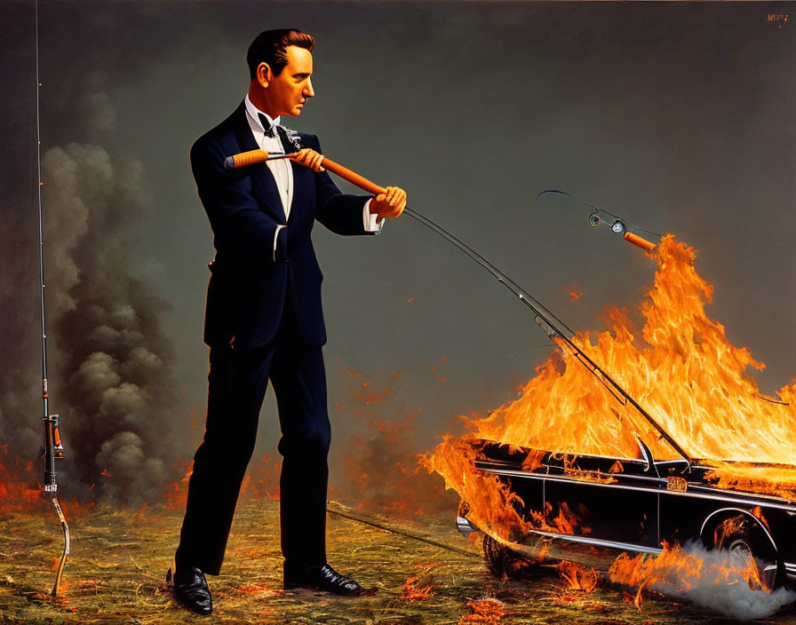 Surreal art: Man in suit plays violin with bow-fishing rod, car burns, fish