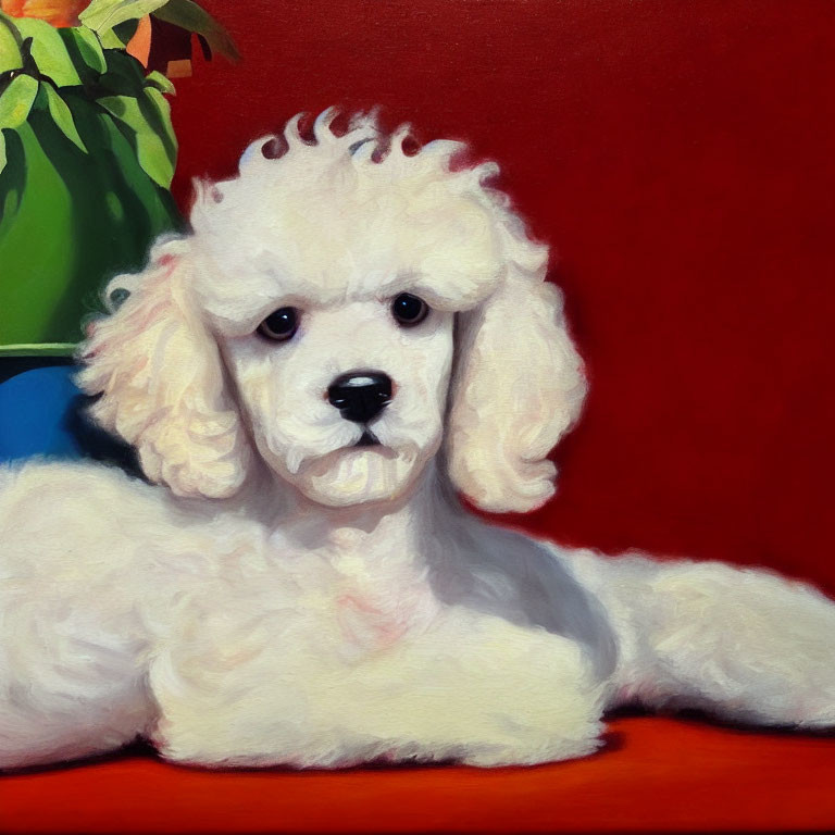 Fluffy White Poodle with Stylized Haircut on Red Background