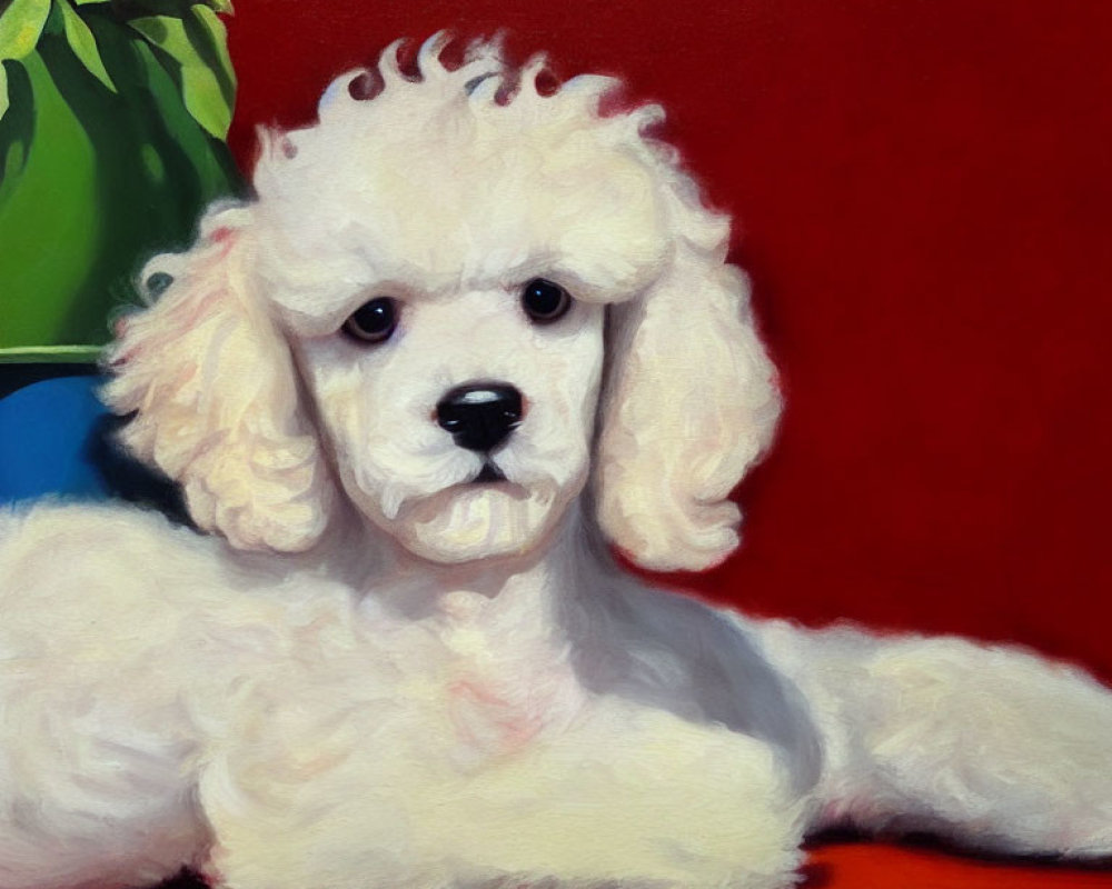 Fluffy White Poodle with Stylized Haircut on Red Background