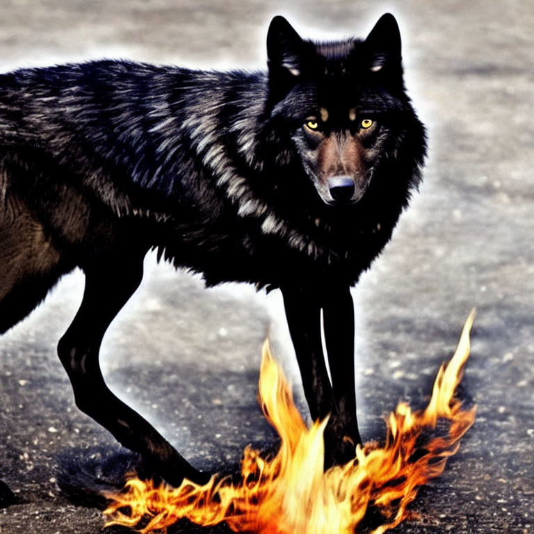 Majestic black wolf with yellow eyes in fiery scene