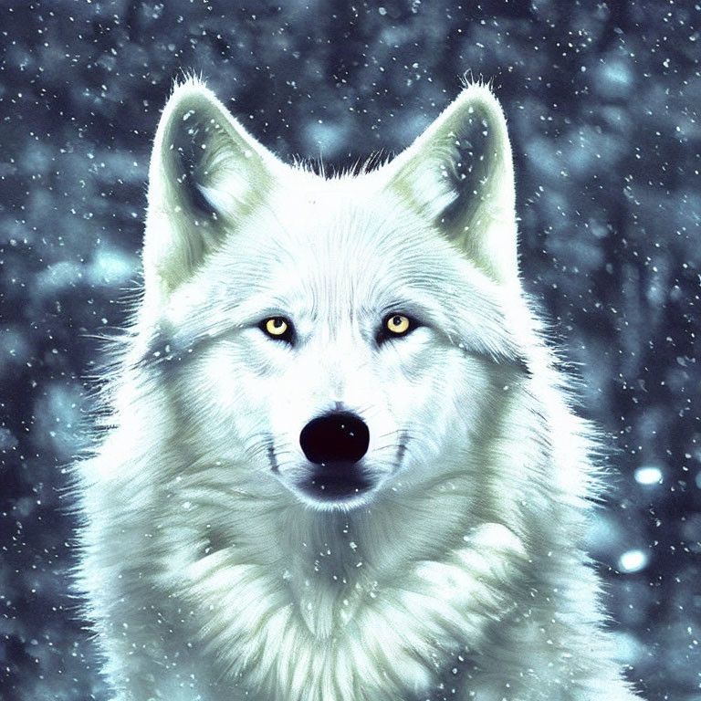 Majestic white wolf in snowy landscape with yellow eyes