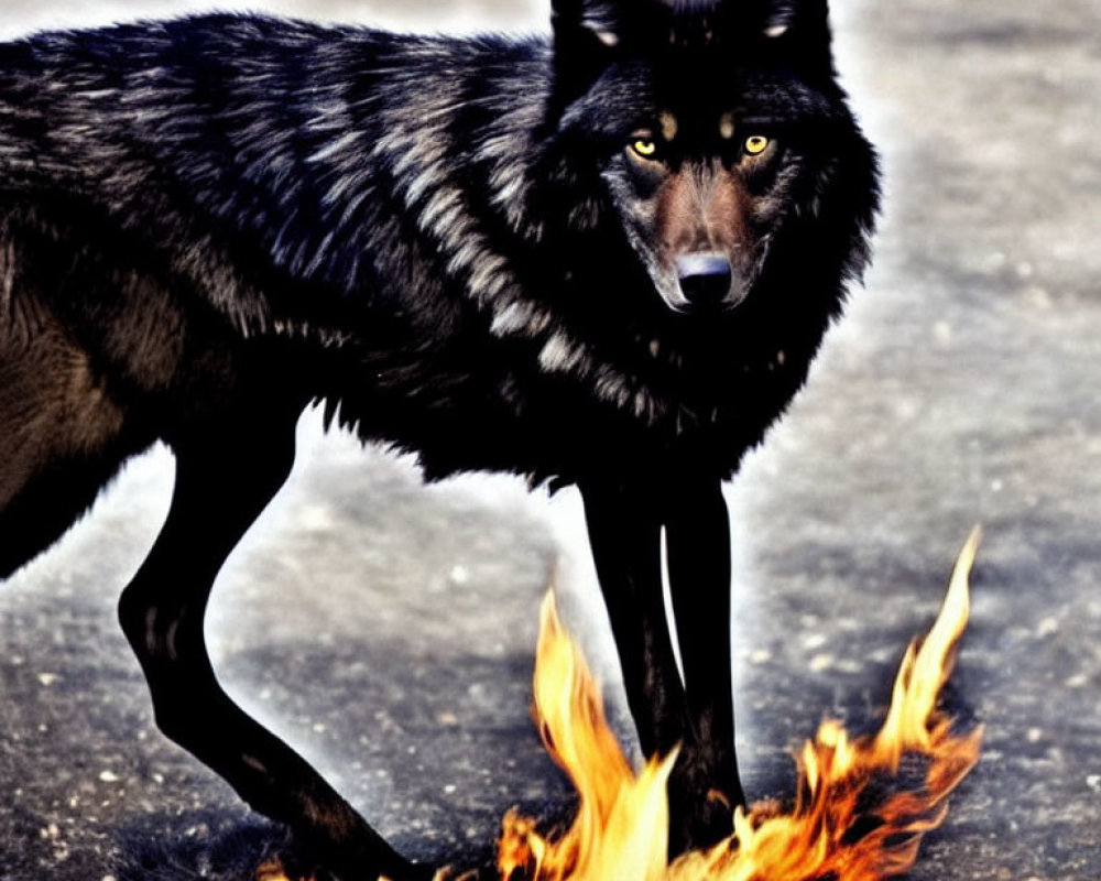 Majestic black wolf with yellow eyes in fiery scene