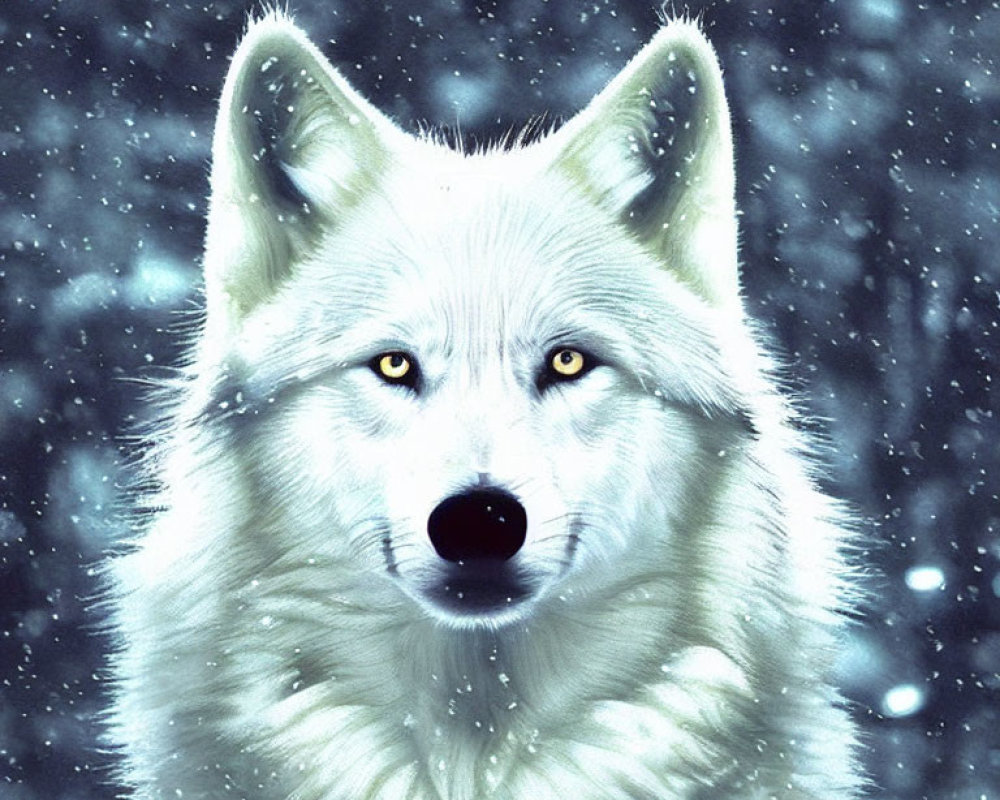 Majestic white wolf in snowy landscape with yellow eyes