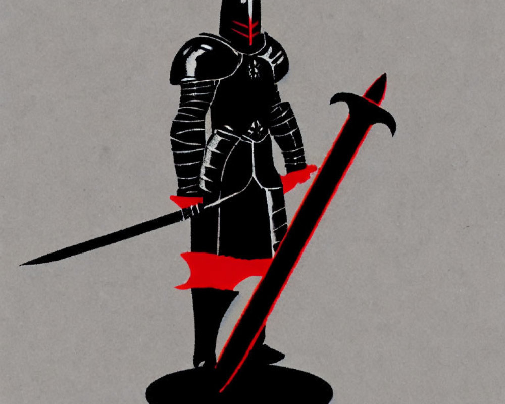 Stylized black knight with large sword on gray background