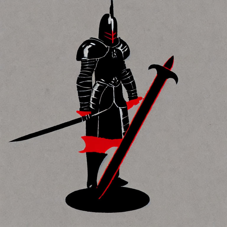 Stylized black knight with large sword on gray background