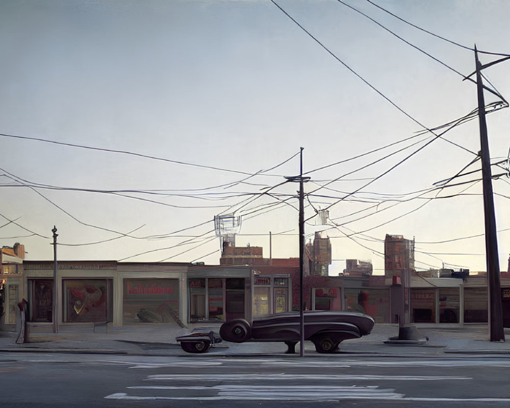 Vintage shops, classic car, and power lines in urban street painting.