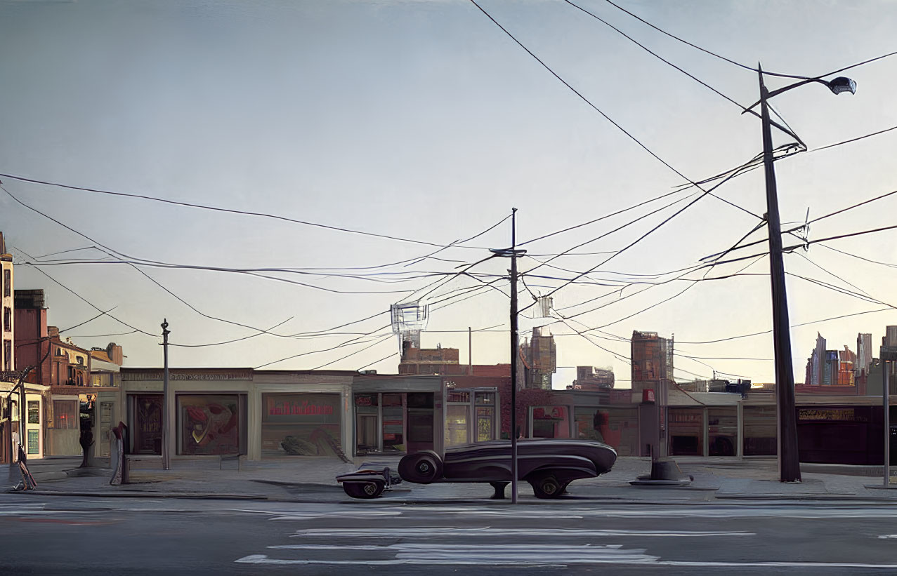 Vintage shops, classic car, and power lines in urban street painting.