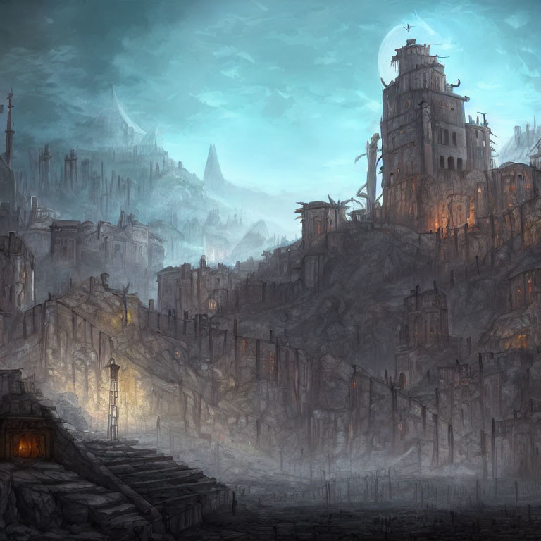 Dilapidated city ruins under dusky sky with warm lights