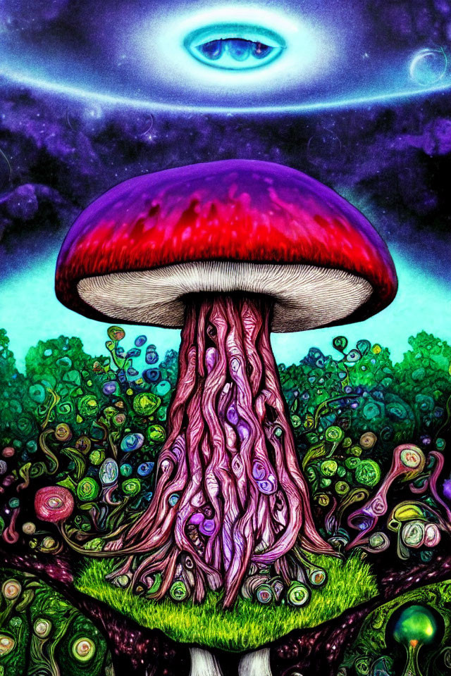 Colorful Psychedelic Mushroom Illustration with Giant Eye in Surreal Sky