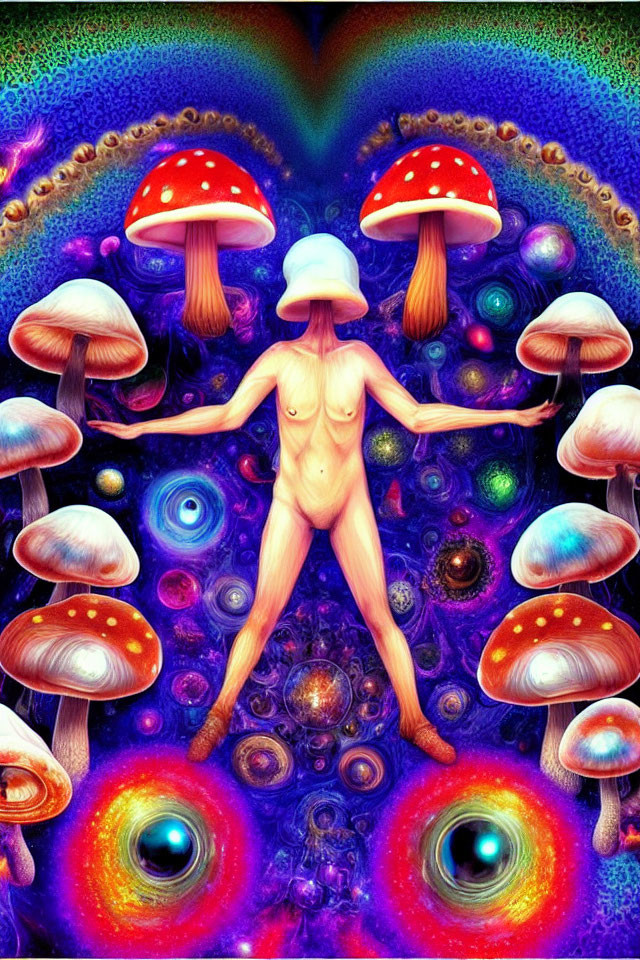 Colorful psychedelic humanoid figure with mushroom cap surrounded by vibrant mushrooms and cosmic patterns