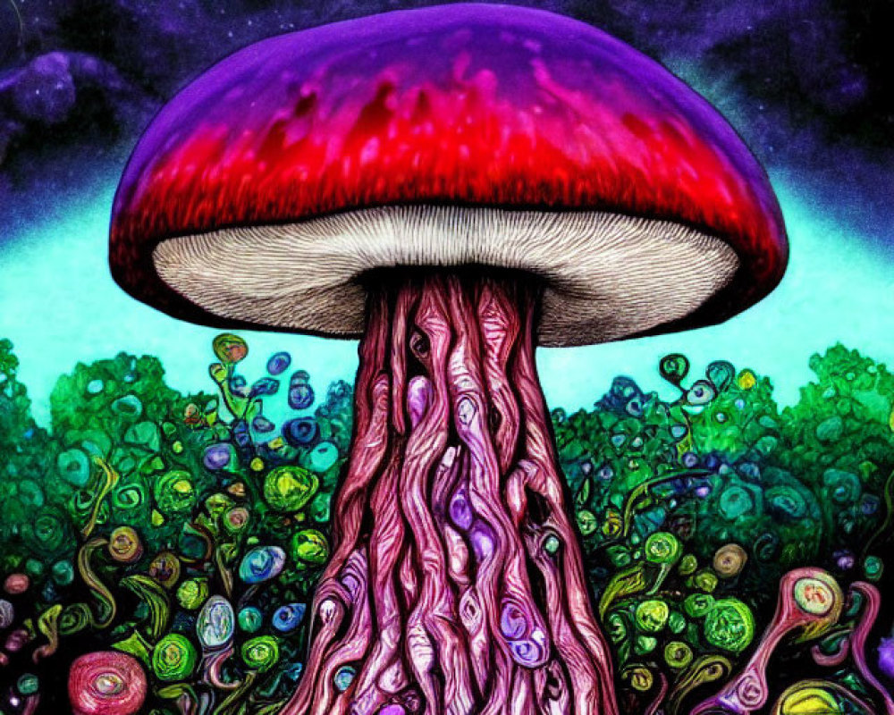 Colorful Psychedelic Mushroom Illustration with Giant Eye in Surreal Sky