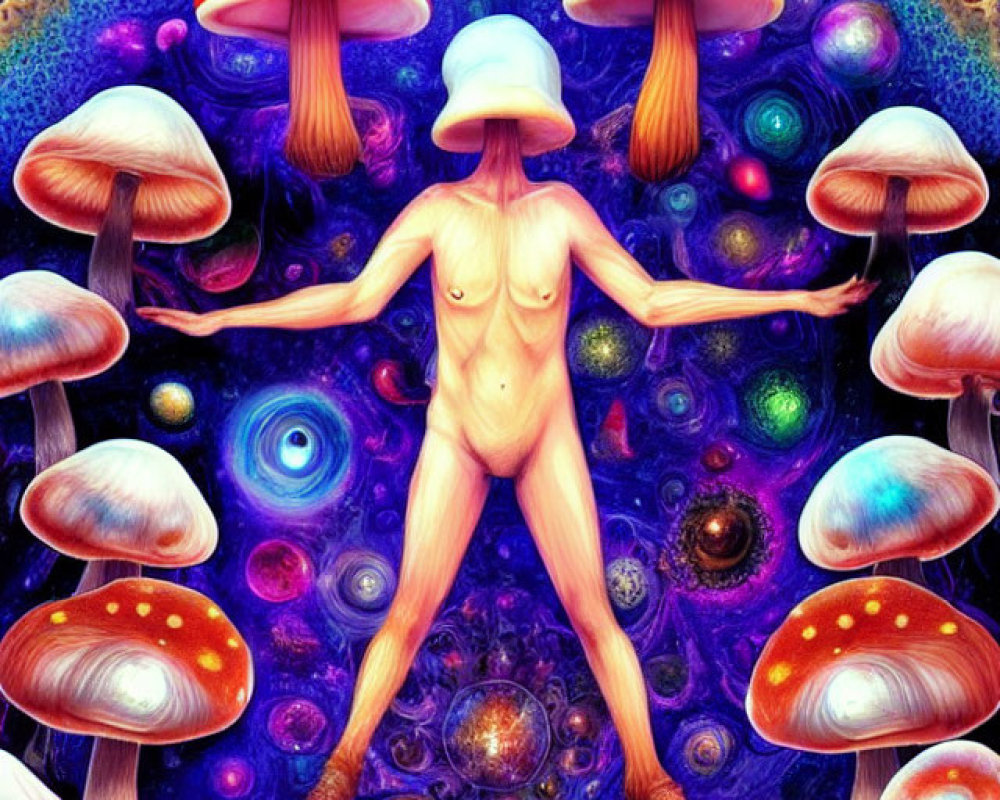 Colorful psychedelic humanoid figure with mushroom cap surrounded by vibrant mushrooms and cosmic patterns