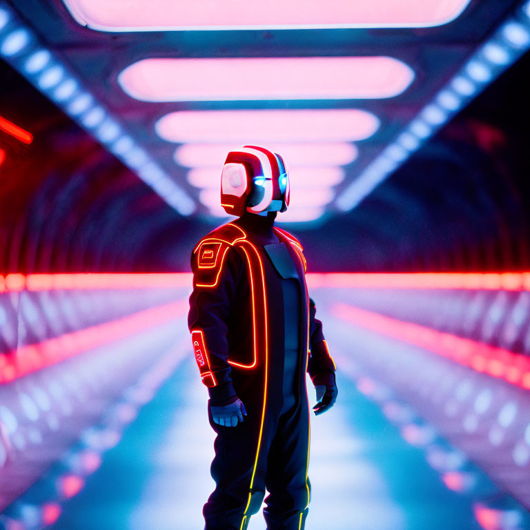 Futuristic suit person in neon-lit tunnel with pink and blue lighting