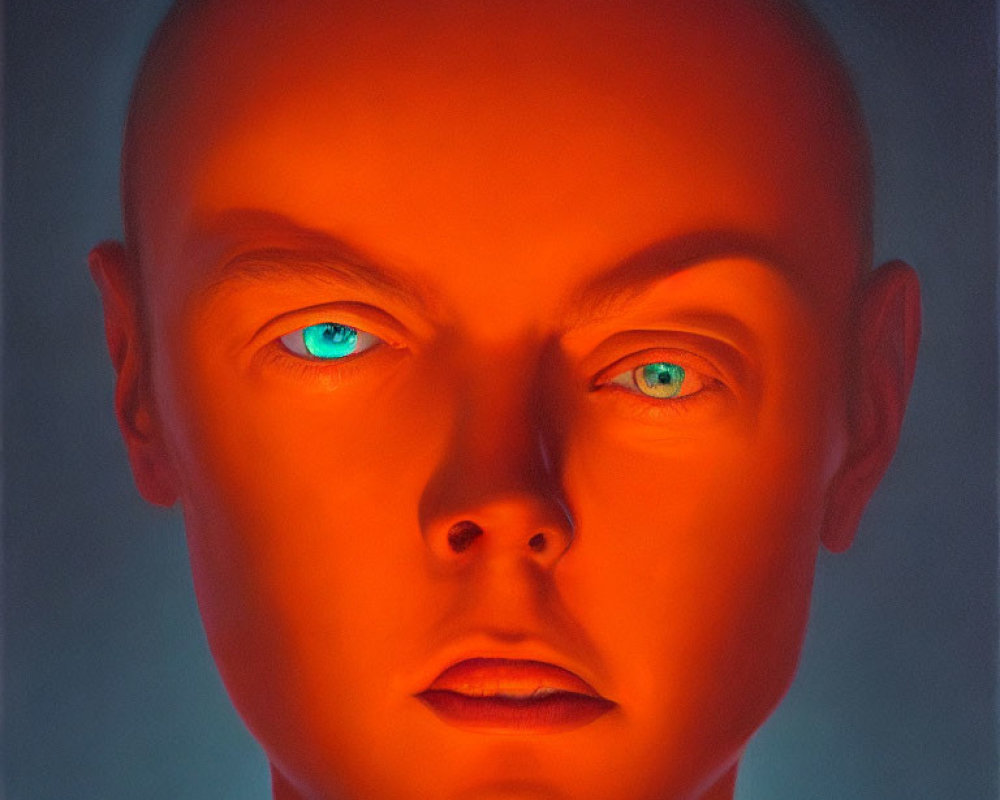 Hyper-realistic painting of person with glowing blue eyes on red to blue background