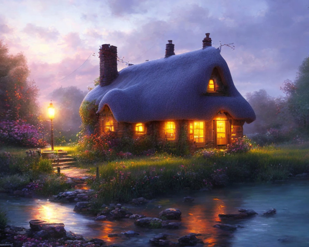 Thatched Roof Cottage by Stream at Twilight