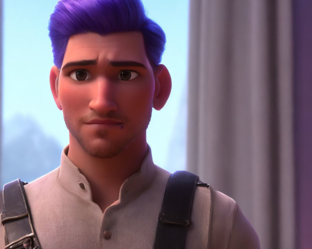 Purple-Haired 3D Animated Male Character in Grey Vest and Leather Strap