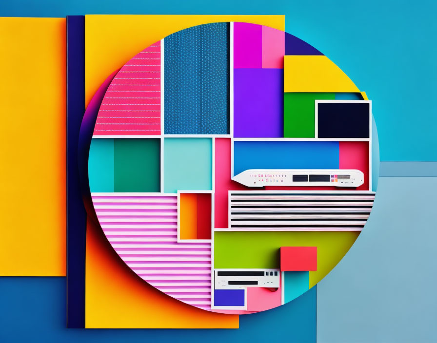 Colorful Geometric Composition with Retro Cassette Players on Blue and Yellow Background