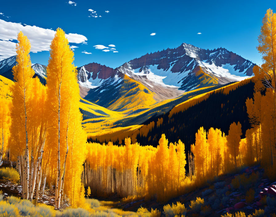 Colorful autumn landscape: yellow aspen trees, snow-capped mountains, clear blue sky