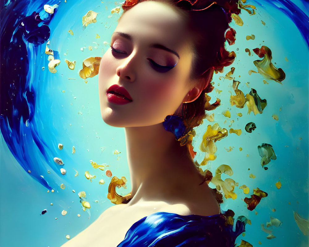 Serene woman with blue and gold halo on bright background