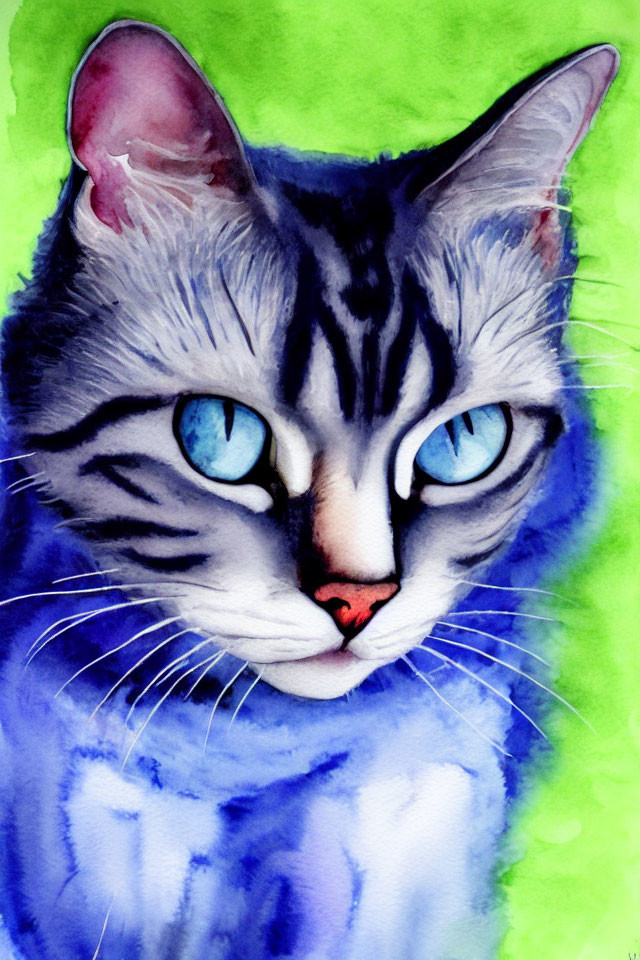 Blue-eyed tabby cat watercolor painting with vibrant colors