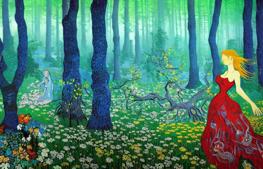 Vivid painting of woman in red dress in enchanted forest