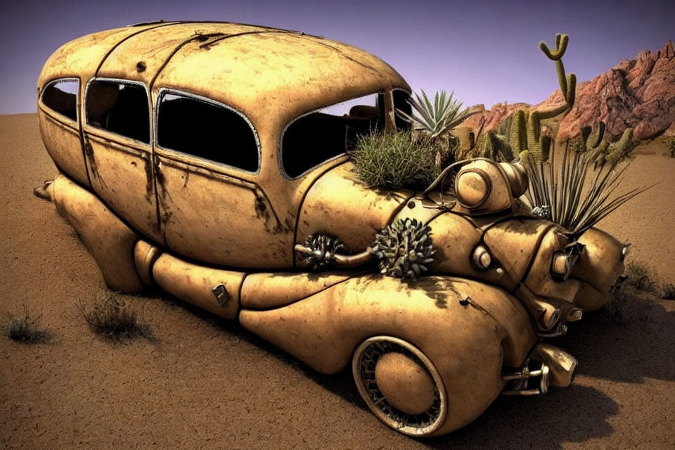 Rusted yellow vintage car transformed into desert creature with cacti, abandoned in barren landscape