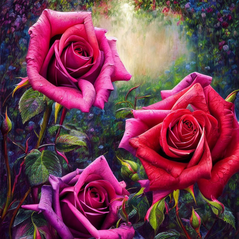 Three vibrant pink roses in lush green foliage against colorful forest backdrop