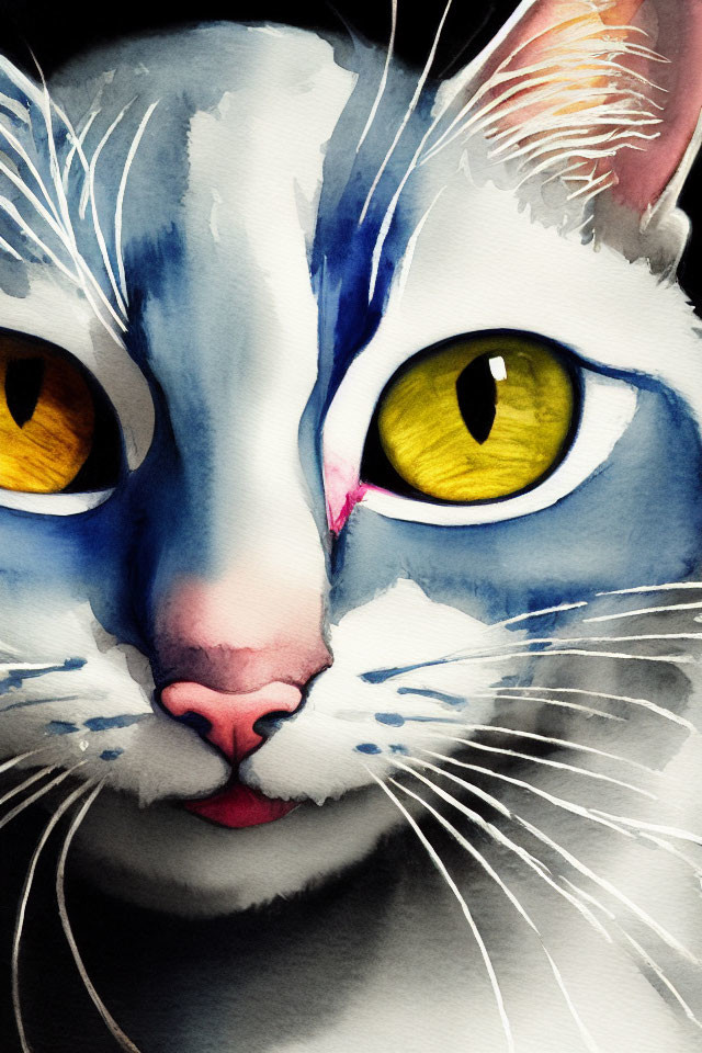 Detailed watercolor painting of a cat with blue and white fur and intense yellow eyes