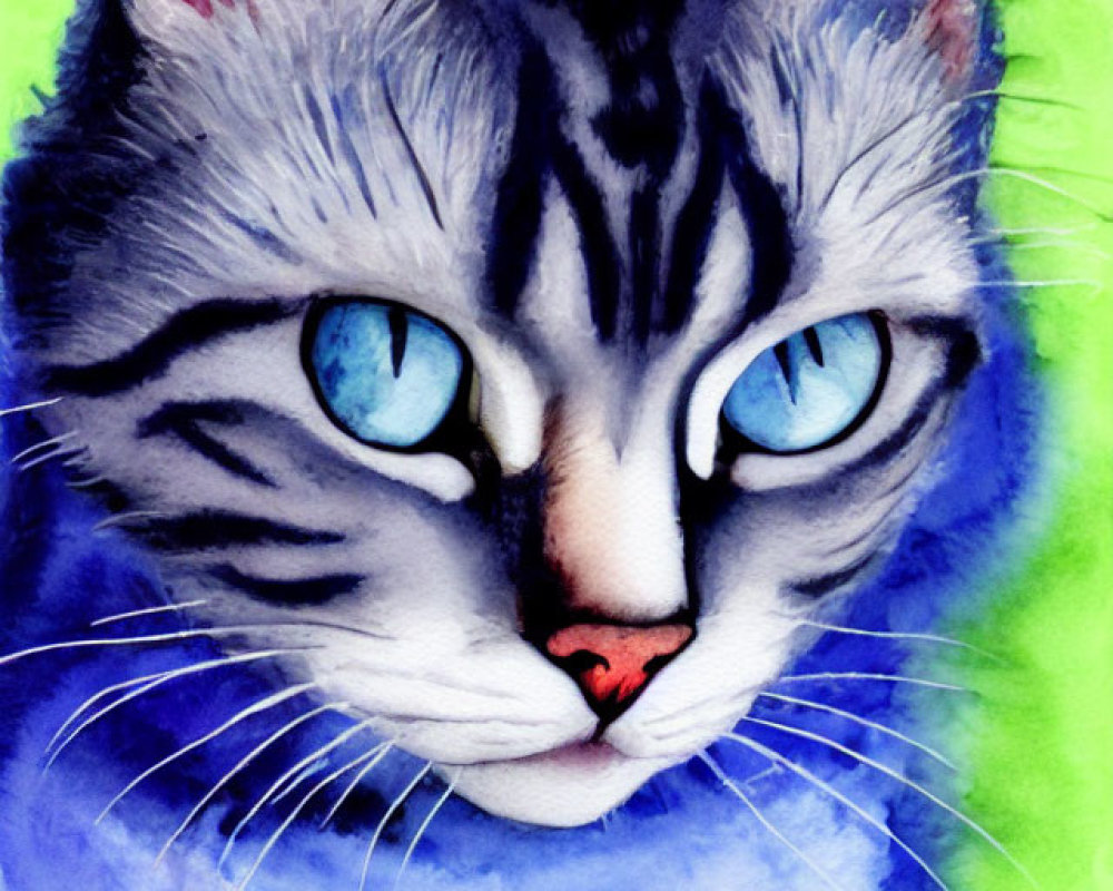 Blue-eyed tabby cat watercolor painting with vibrant colors