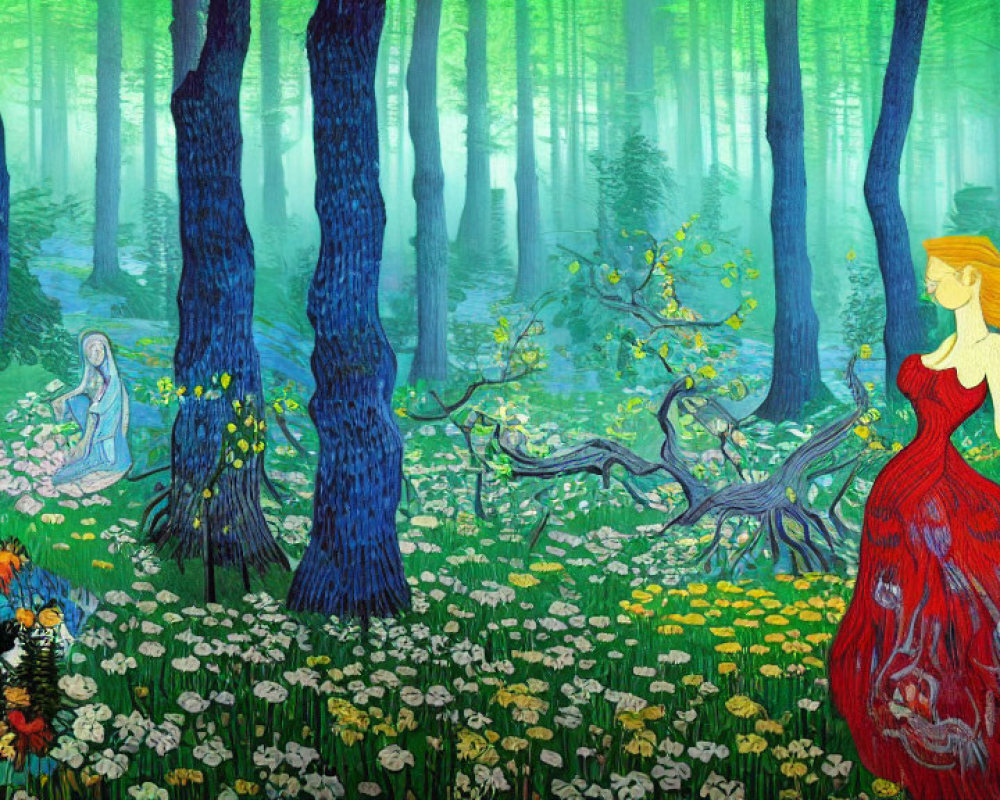 Vivid painting of woman in red dress in enchanted forest