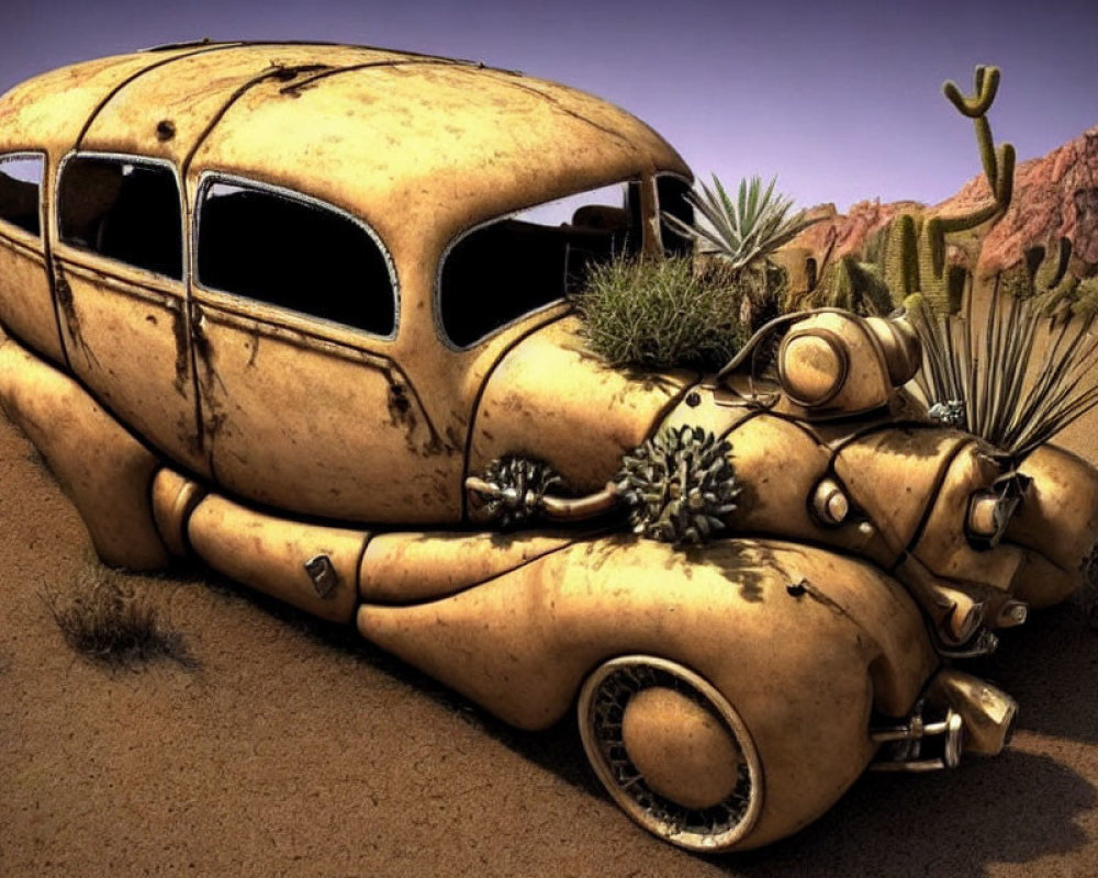 Rusted yellow vintage car transformed into desert creature with cacti, abandoned in barren landscape