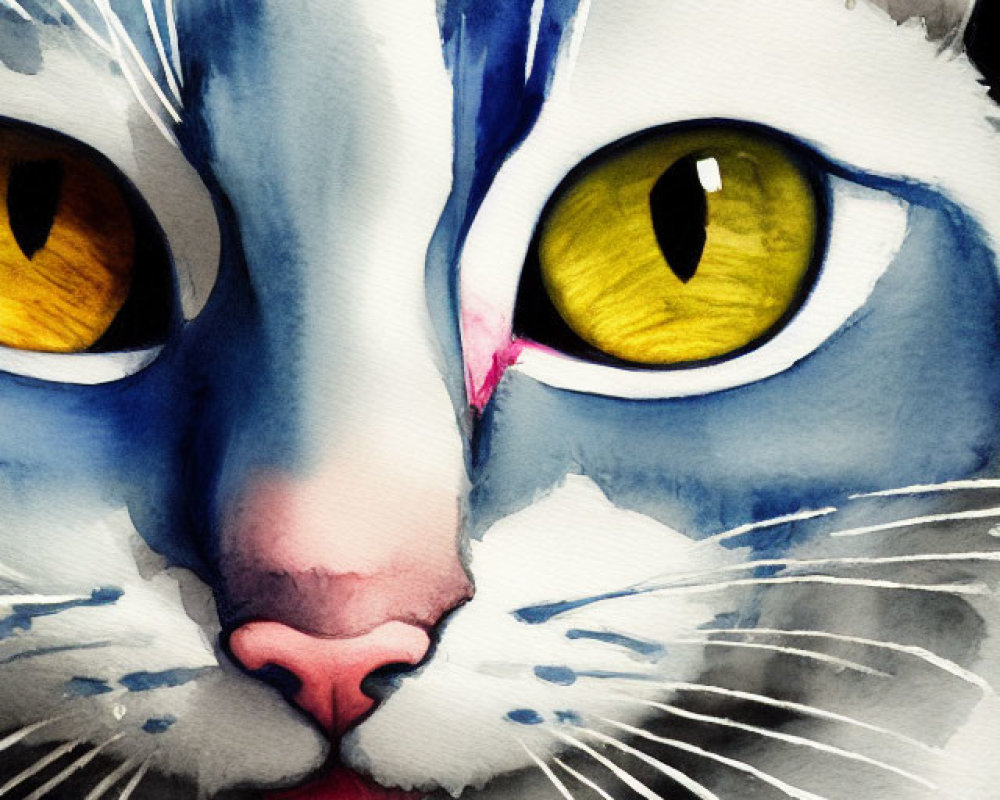 Detailed watercolor painting of a cat with blue and white fur and intense yellow eyes