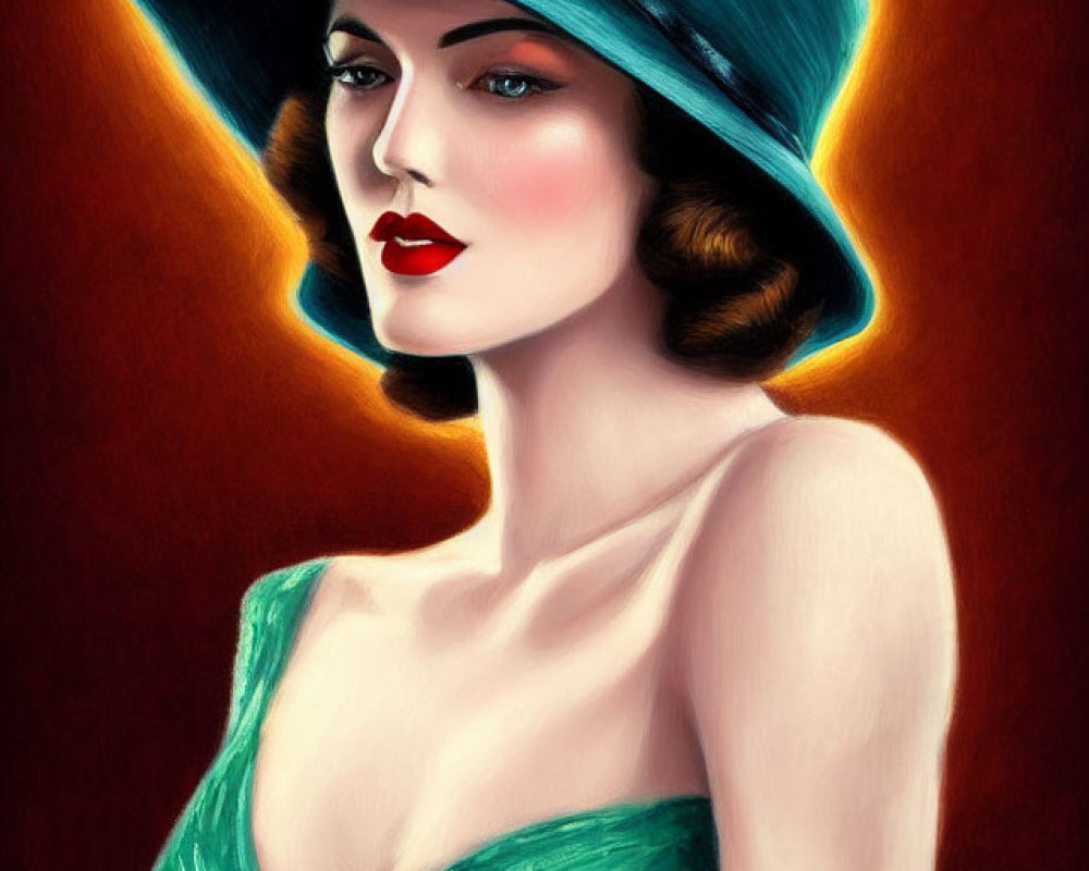 Vintage-style woman in wide-brimmed blue hat and fur stole painting.