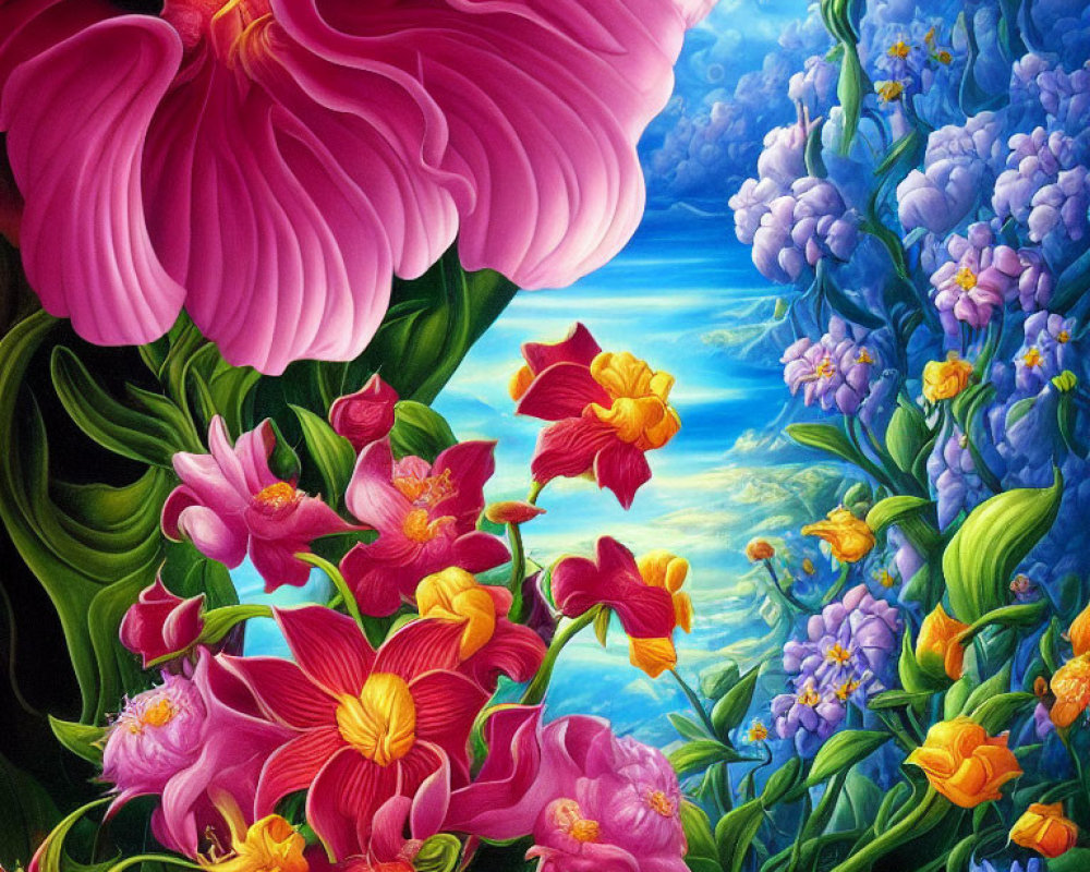 Colorful flower painting with blue sky, sea, and honeycomb.