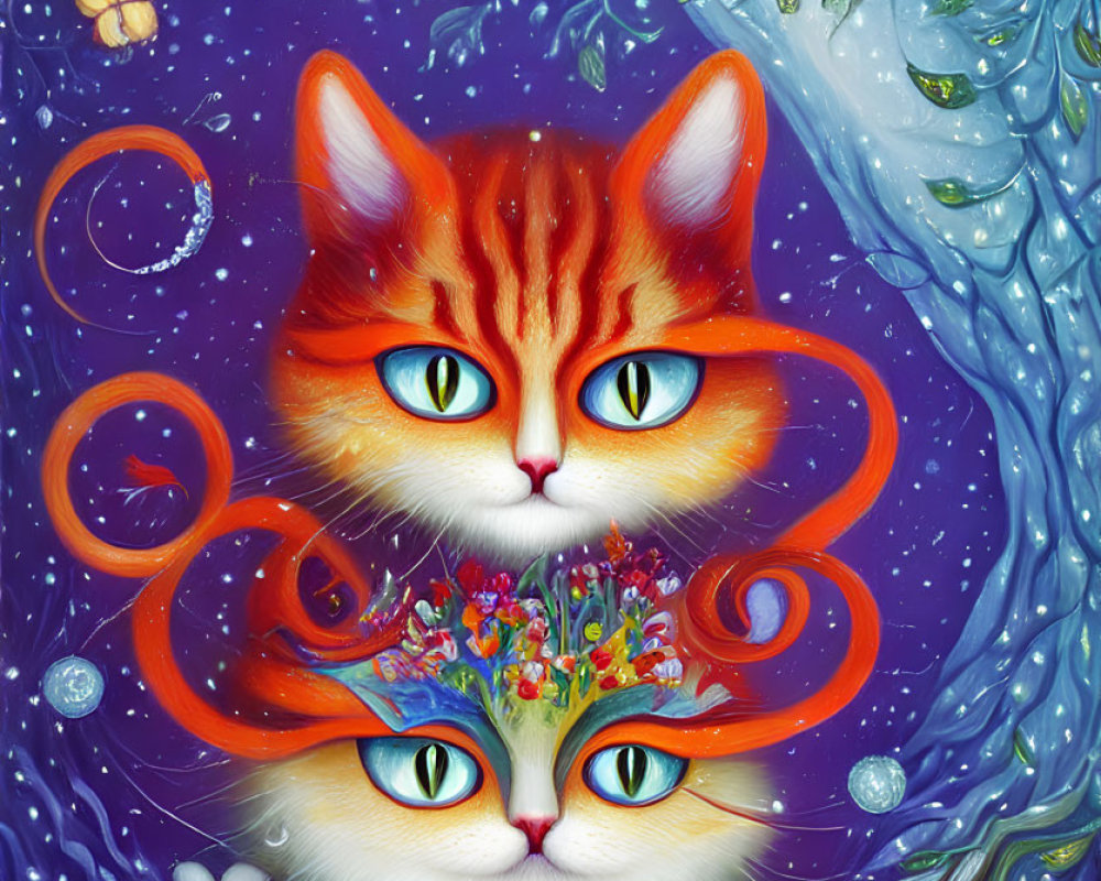 Vibrant surreal artwork: Two stacked cats with floral crown on cosmic blue background