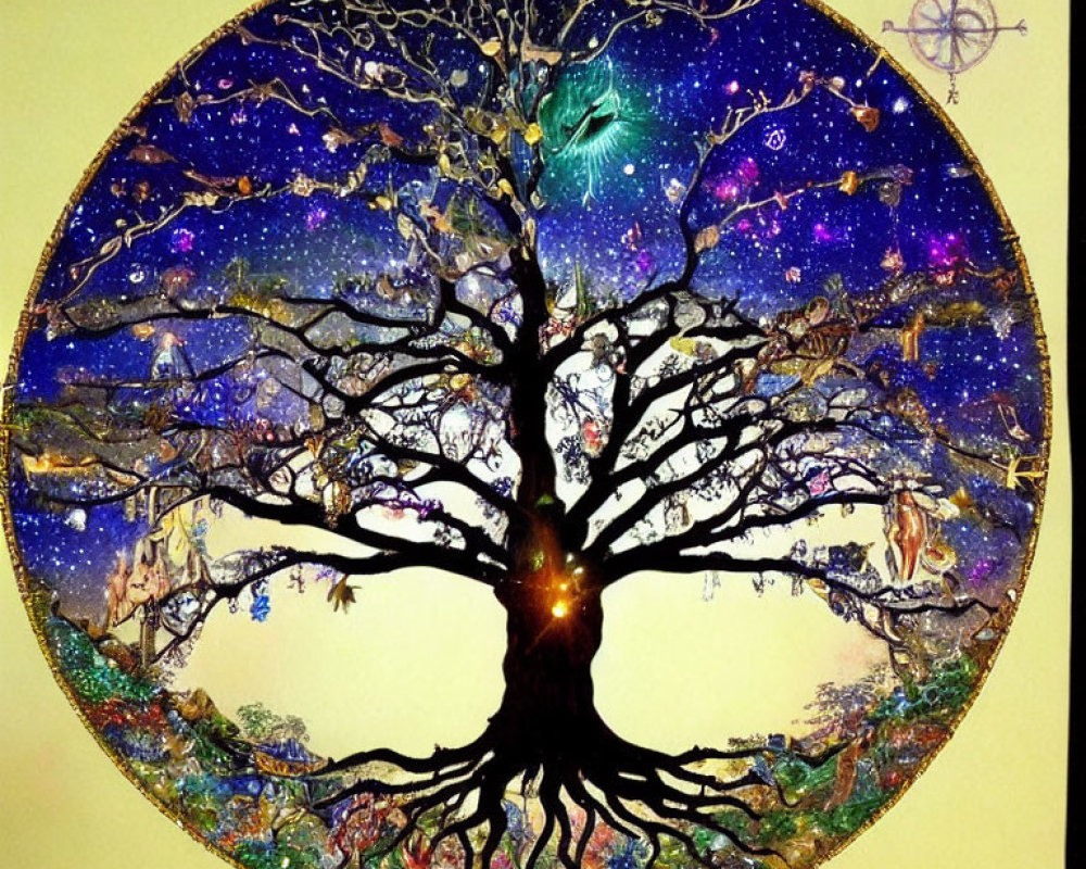 Circular Tree Artwork with Cosmic Elements on Yellow Background