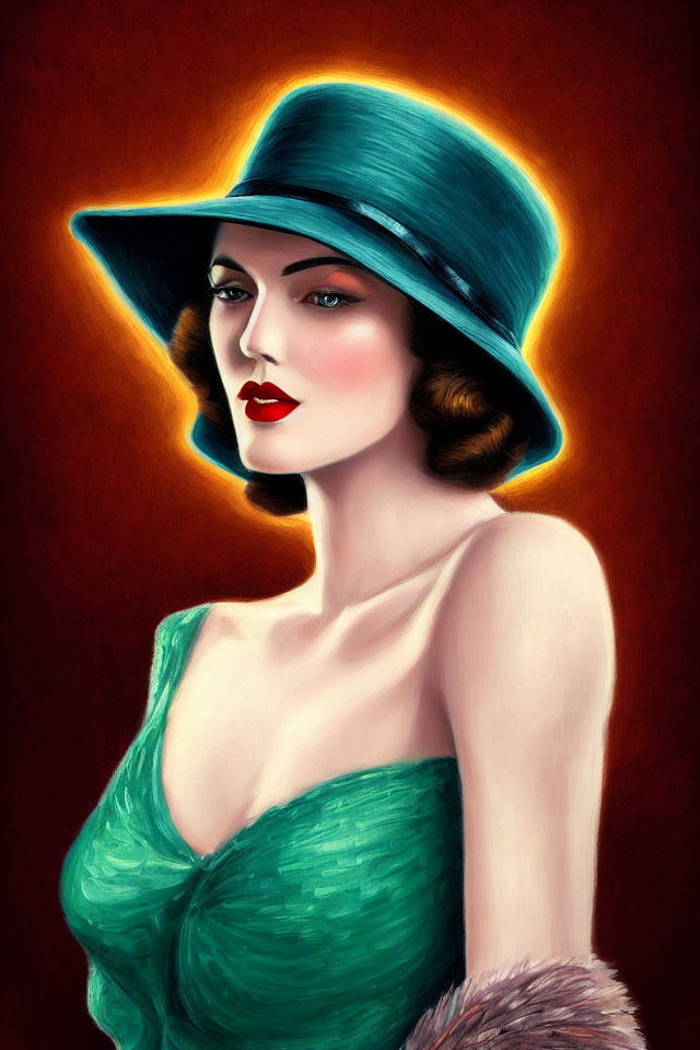 Vintage-style woman in wide-brimmed blue hat and fur stole painting.