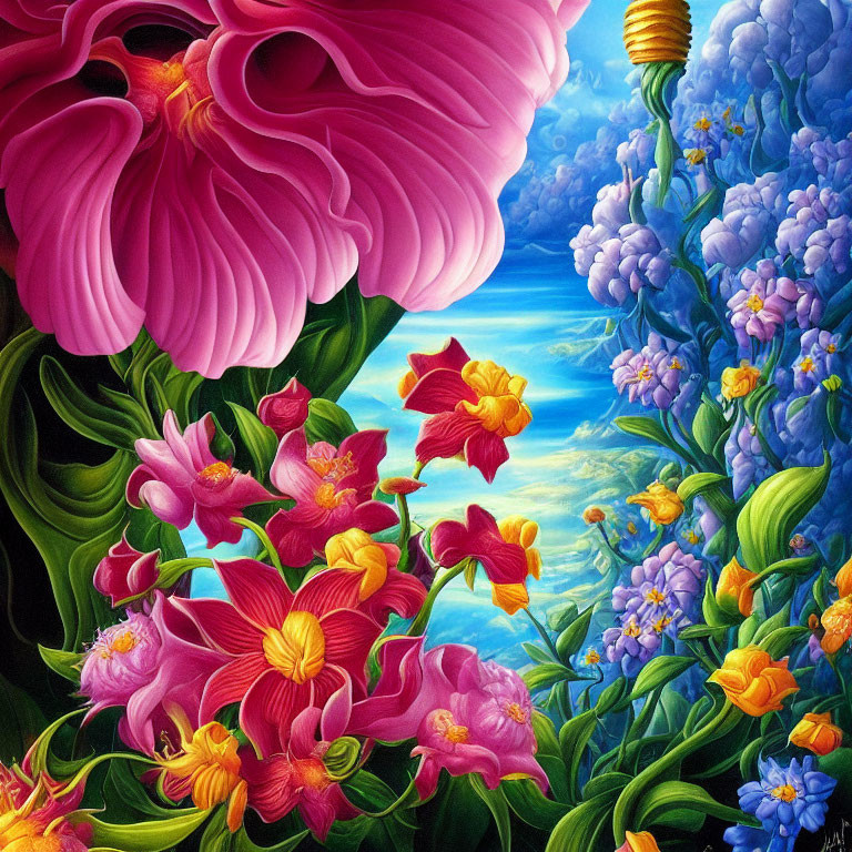 Colorful flower painting with blue sky, sea, and honeycomb.