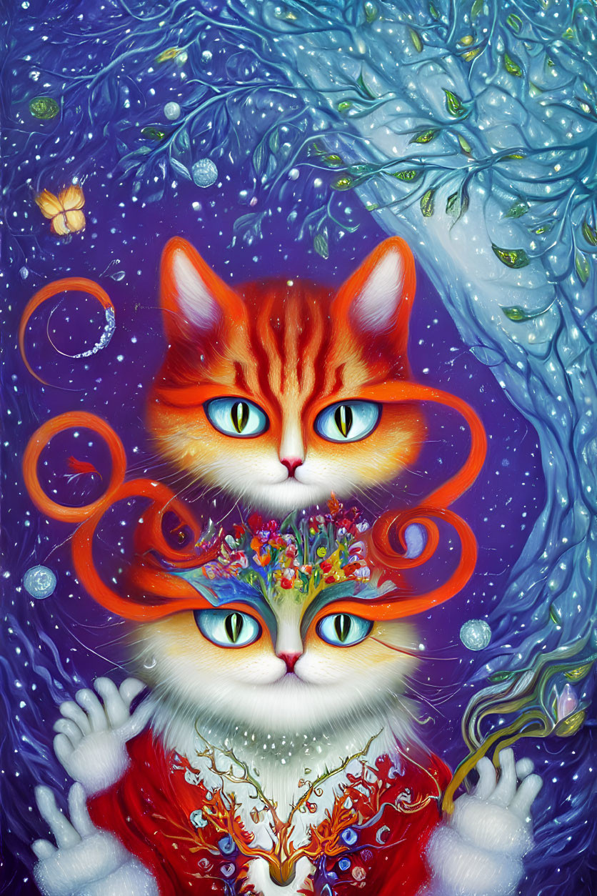 Vibrant surreal artwork: Two stacked cats with floral crown on cosmic blue background