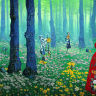 Vivid painting of woman in red dress in enchanted forest