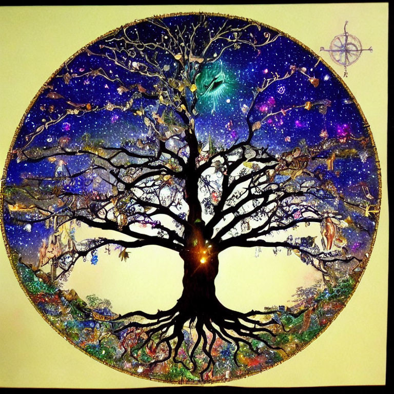 Circular Tree Artwork with Cosmic Elements on Yellow Background